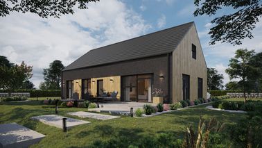 ERDOL 124 - Version Links (Wohnzimmer auf der linken Seite) - Braas Teviva Dachziegel (flach) - Drei Zimmer + Treppenhaus - Keine Dachfenster - Flächenbündige Raffstors SELT, Funksteuerung - Keine - Bez instalacji fotowoltaicznej