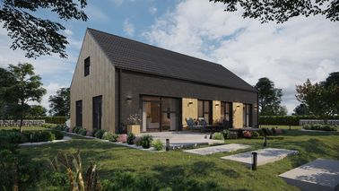 ERDOL 124 - Version Rechts (Wohnzimmer auf der rechten Seite) - Braas Celtic Lumino-Fliese - Vier Zimmer + Treppe im Wohnzimmer - Keine Dachfenster - Flächenbündige Raffstors SELT, Funksteuerung - Keine - Bez instalacji fotowoltaicznej