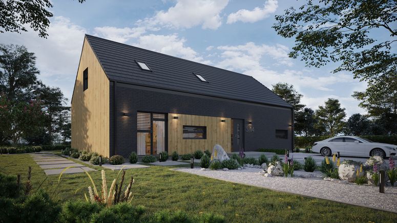 ERDOL 124 - Version Rechts (Wohnzimmer auf der rechten Seite) - Braas Teviva Dachziegel (flach) - Drei Zimmer + Treppenhaus - Keine Dachfenster - Flächenbündige Raffstors SELT, Funksteuerung - Keine - Bez instalacji fotowoltaicznej
