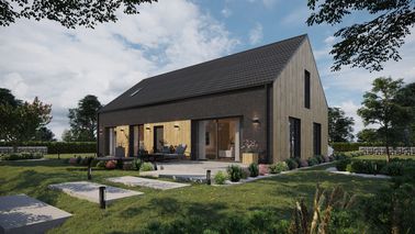 ERDOL 124 - Version Links (Wohnzimmer auf der linken Seite) - Braas Celtic Lumino-Fliese - Drei Zimmer + Treppenhaus - Drei Zimmer-Dachfenster und Ein Bad-Dachfenster - Keine - Bodentiefe Fenster im Dachgeschoss - Bez instalacji fotowoltaicznej