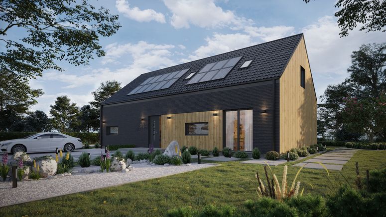 ERDOL 124 - Version Links (Wohnzimmer auf der linken Seite) - Braas Celtic Lumino-Fliese - Drei Zimmer + Treppenhaus - Keine Dachfenster - Keine - Keine - Photovoltaik-Installation 6,4 kWp (16 Paneele)