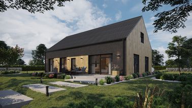 ERDOL 124 - Version Links (Wohnzimmer auf der linken Seite) - Braas Celtic Lumino-Fliese - Drei Zimmer + Treppenhaus - Keine Dachfenster - Flächenbündige Raffstors SELT, Funksteuerung - Keine - Ohne