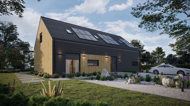 ERDOL 124 - Version Rechts (Wohnzimmer auf der rechten Seite) - Braas Celtic Lumino-Fliese - Drei Zimmer + Treppenhaus - Vier Zimmer-Dachfenster und Ein Bad-Dachfenster - Flächenbündige Rollläden, Motor SOMFY, Funksteuerung - Keine - Photovoltaik-Installation 6,4 kWp (16 Paneele)