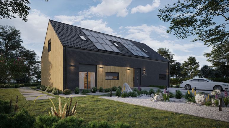 ERDOL 124 - Version Rechts (Wohnzimmer auf der rechten Seite) - Braas Celtic Lumino-Fliese - Drei Zimmer + Treppenhaus - Drei Zimmer-Dachfenster und Ein Bad-Dachfenster - Flächenbündige Rollläden, Motor SOMFY, Funksteuerung - Keine - Photovoltaik-Installation 9,6 kWp (24 Paneele)
