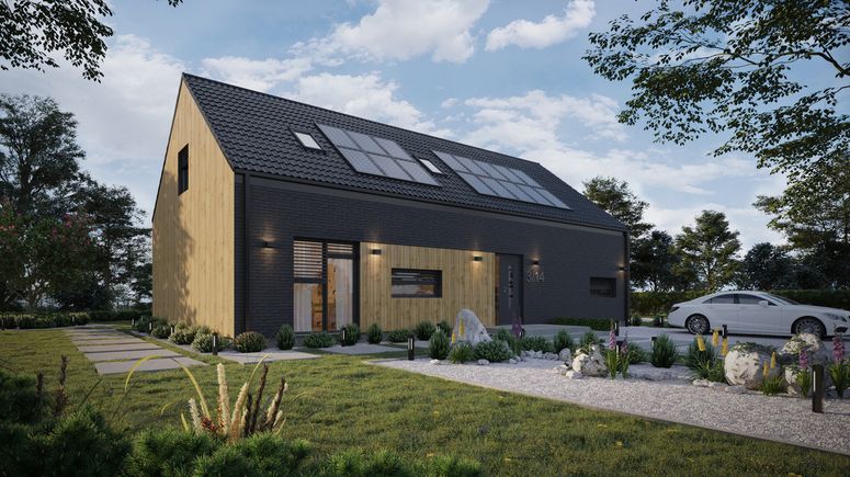 ERDOL 124 - Version Rechts (Wohnzimmer auf der rechten Seite) - Braas Celtic Lumino-Fliese - Drei Zimmer + Treppenhaus - Zimmer Dachfenster und Bad Dachfenster - Flächenbündige Raffstors SELT, Funksteuerung - Keine - Photovoltaik-Installation 6,4 kWp (16 Paneele)