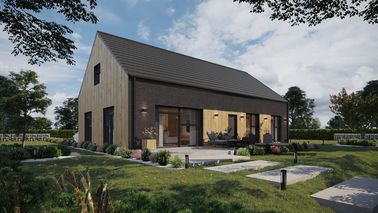 ERDOL 124 - Version Rechts (Wohnzimmer auf der rechten Seite) - Braas Teviva Dachziegel (flach) - Drei Zimmer + Treppenhaus - Keine Dachfenster - Flächenbündige Raffstors SELT, Funksteuerung - Keine - Bez instalacji fotowoltaicznej