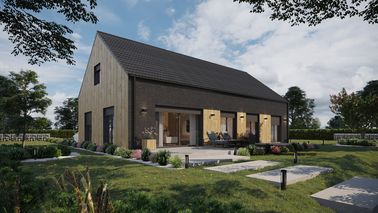 ERDOL 124 - Version Rechts (Wohnzimmer auf der rechten Seite) - Braas Celtic Lumino-Fliese - Vier Zimmer + Treppe im Wohnzimmer - Keine Dachfenster - Flächenbündige Rollläden, Motor SOMFY, Funksteuerung - Keine - Photovoltaik-Installation 6,4 kWp (16 Paneele)