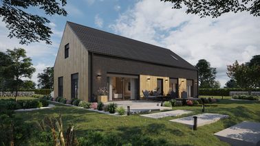 ERDOL 124 - Version Rechts (Wohnzimmer auf der rechten Seite) - Braas Celtic Lumino-Fliese - Drei Zimmer + Treppenhaus - Drei Zimmer-Dachfenster und Ein Bad-Dachfenster - Flächenbündige Rollläden, Motor SOMFY, Funksteuerung - Keine - Ohne