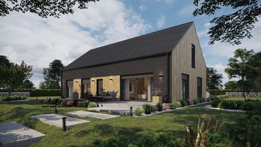 ERDOL 124 - Version Links (Wohnzimmer auf der linken Seite) - Braas Celtic Lumino-Fliese - Drei Zimmer + Treppenhaus - Keine Dachfenster - Flächenbündige Rollläden, Motor SOMFY, Funksteuerung - Bodentiefe Fenster im Dachgeschoss - Bez instalacji fotowoltaicznej