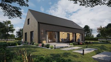 ERDOL 124 - Version Rechts (Wohnzimmer auf der rechten Seite) - Braas Teviva Dachziegel (flach) - Drei Zimmer + Treppenhaus - Drei Zimmer-Dachfenster und Ein Bad-Dachfenster - Keine - Keine - Bez instalacji fotowoltaicznej