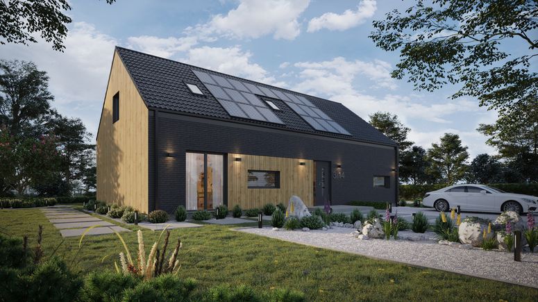 ERDOL 124 - Version Rechts (Wohnzimmer auf der rechten Seite) - Braas Celtic Lumino-Fliese - Drei Zimmer + Treppenhaus - Keine Dachfenster - Keine - Keine - Photovoltaik-Installation 8 kWp (20 Paneele)