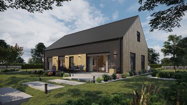 ERDOL 124 - Version Links (Wohnzimmer auf der linken Seite) - Braas Teviva Dachziegel (flach) - Drei Zimmer + Treppenhaus - Keine Dachfenster - Flächenbündige Rollläden, Motor SOMFY, Funksteuerung - Keine - Bez instalacji fotowoltaicznej