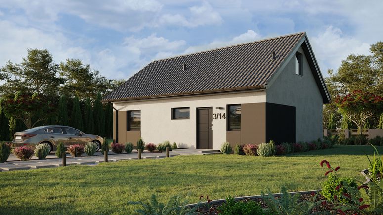 ERDOL 1 XL - Version Links (Wohnzimmer auf der linken Seite) - Satteldach mit ausgebautem Dachboden -Dachneigung  35 Grad - Treppe in Treppenhaus - keine Dachfenster - Standard - Styropor, Netz, Kleber - Anthrazit - Ohne