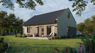 ERDOL 1 XL - Version Links (Wohnzimmer auf der linken Seite) - Modernes Satteldach mit ausgebautem Dachboden -Dachneigung  35 Grad - Treppe in Treppenhaus - keine Dachfenster - Standard - Styropor, Netz, Kleber - Nusbaum - Ohne