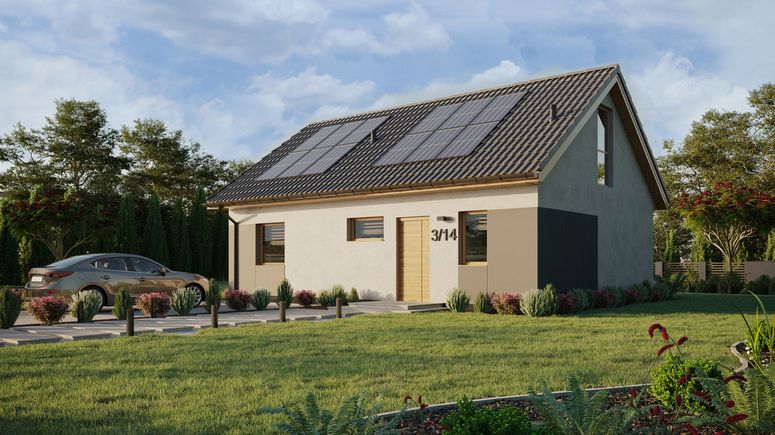 ERDOL 1 XL - Version Links (Wohnzimmer auf der linken Seite) - Satteldach mit ausgebautem Dachboden -Dachneigung  35 Grad - Treppe in Treppenhaus - keine Dachfenster - Balkontür im Esszimmer und Bodentiefes Fenster im Dachgeschoss - Styropor, Netz, Kleber - Winchester - Photovoltaik-Installation 4,8 kWp (12 Paneele)