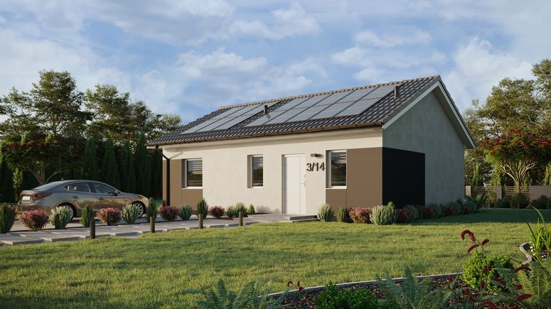 ERDOL 1 XL - Version Links (Wohnzimmer auf der linken Seite) - Satteldach ohne ausgebautem Dachboden -Dachneigung  25 Grad - keine Dachfenster - Standard - Styropor, Netz, Kleber - Weiß - Photovoltaik-Installation 6,4 kWp (16 Paneele)