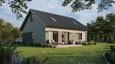 ERDOL 1 XL - Version Rechts (Wohnzimmer auf der rechten Seite) - Satteldach mit ausgebautem Dachboden -Dachneigung  35 Grad - Treppe in Treppenhaus - Zwei-Zimmer-Dachfenster - Standard - Styropor, Netz, Kleber - Nusbaum - Ohne