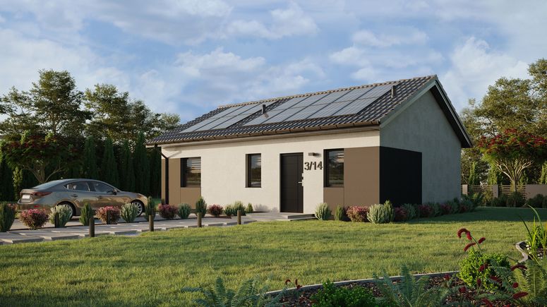 ERDOL 1 XL - Version Links (Wohnzimmer auf der linken Seite) - Satteldach ohne ausgebautem Dachboden -Dachneigung  25 Grad - keine Dachfenster - Standard - Styropor, Netz, Kleber - Anthrazit - Photovoltaik-Installation 6,4 kWp (16 Paneele)