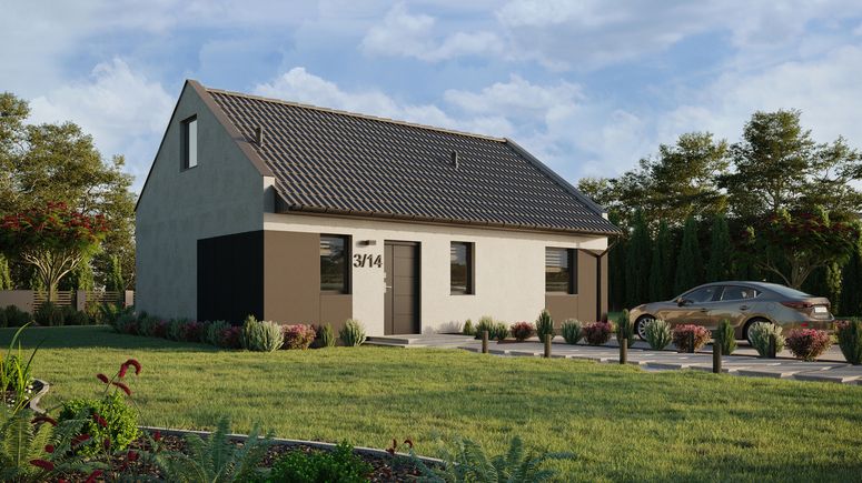 ERDOL 1 XL - Version Rechts (Wohnzimmer auf der rechten Seite) - Modernes Satteldach mit ausgebautem Dachboden -Dachneigung  35 Grad - Treppe im Wohnzimmer - keine Dachfenster - Standard - Styropor, Netz, Kleber - Anthrazit - Ohne