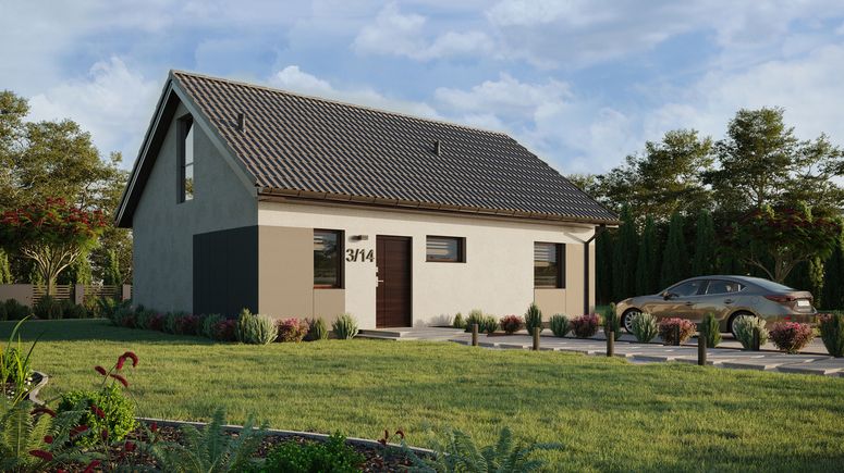 ERDOL 1 XL - Version Rechts (Wohnzimmer auf der rechten Seite) - Satteldach mit ausgebautem Dachboden -Dachneigung  35 Grad - Treppe in Treppenhaus - keine Dachfenster - Bodentiefes Fenster im Dachgeschoss - Styropor, Netz, Kleber - Nusbaum - Ohne