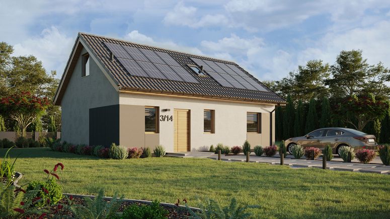 ERDOL 1 XL - Version Rechts (Wohnzimmer auf der rechten Seite) - Satteldach mit ausgebautem Dachboden -Dachneigung  35 Grad - Treppe im Wohnzimmer - Dachfenster für Zimmer und Badezimmer - Standard - Styropor, Netz, Kleber - Winchester - Photovoltaik-Installation 6,4 kWp (16 Paneele)