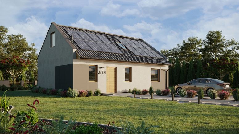 ERDOL 1 XL - Version Rechts (Wohnzimmer auf der rechten Seite) - Modernes Satteldach mit ausgebautem Dachboden -Dachneigung  35 Grad - Treppe im Wohnzimmer - Dachfenster für Zimmer und Badezimmer - Standard - Styropor, Netz, Kleber - Winchester - Photovoltaik-Installation 6,4 kWp (16 Paneele)