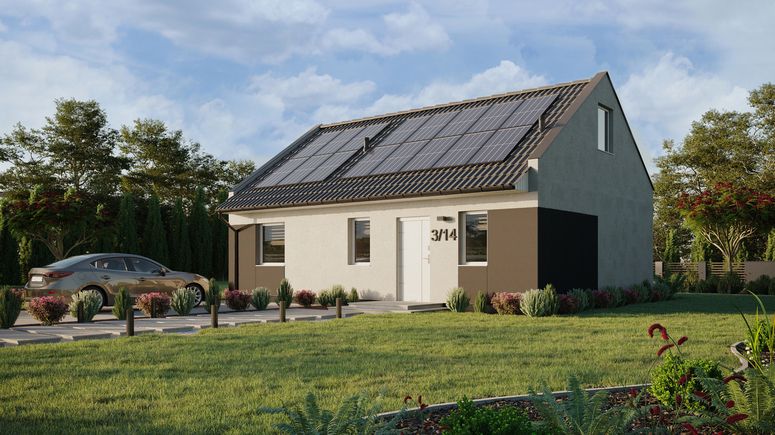 ERDOL 1 XL - Version Links (Wohnzimmer auf der linken Seite) - Modernes Satteldach mit ausgebautem Dachboden -Dachneigung  35 Grad - Treppe im Wohnzimmer - keine Dachfenster - Standard - Styropor, Netz, Kleber - Weiß - Photovoltaik-Installation 6,4 kWp (16 Paneele)