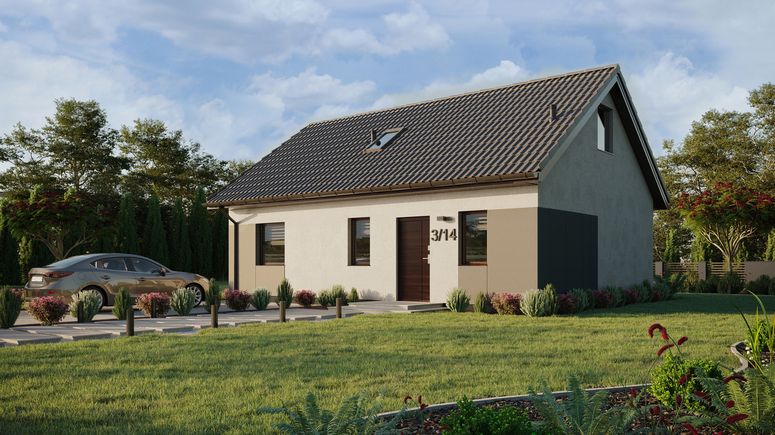 ERDOL 1 XL - Version Links (Wohnzimmer auf der linken Seite) - Satteldach mit ausgebautem Dachboden -Dachneigung  35 Grad - Treppe im Wohnzimmer - Dachfenster für Zimmer und Badezimmer - Standard - Styropor, Netz, Kleber - Nusbaum - Ohne