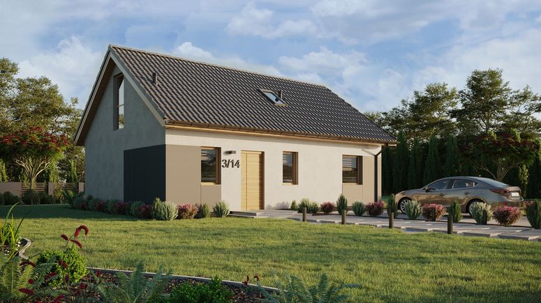 ERDOL 1 XL - Version Rechts (Wohnzimmer auf der rechten Seite) - Satteldach mit ausgebautem Dachboden -Dachneigung  35 Grad - Treppe im Wohnzimmer - Dachfenster für Zimmer und Badezimmer - Balkontür im Esszimmer und Bodentiefes Fenster im Dachgeschoss - Styropor, Netz, Kleber - Winchester - Ohne