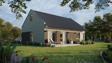 ERDOL 1 XL - Version Rechts (Wohnzimmer auf der rechten Seite) - Modernes Satteldach mit ausgebautem Dachboden -Dachneigung  35 Grad - Treppe in Treppenhaus - keine Dachfenster - Balkontür im Esszimmer - Styropor, Netz, Kleber - Weiß - Ohne