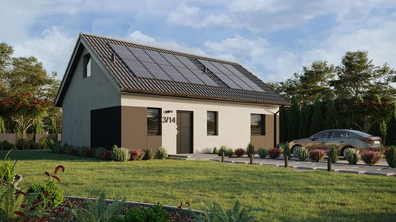 ERDOL 1 XL - Version Rechts (Wohnzimmer auf der rechten Seite) - Satteldach mit ausgebautem Dachboden -Dachneigung  35 Grad - Treppe im Wohnzimmer - keine Dachfenster - Standard - Styropor, Netz, Kleber - Anthrazit - Photovoltaik-Installation 6,4 kWp (16 Paneele)