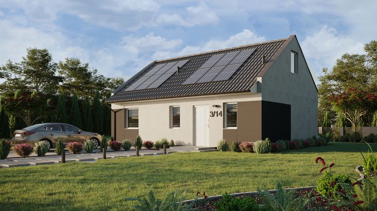 ERDOL 1 XL - Version Links (Wohnzimmer auf der linken Seite) - Modernes Satteldach mit ausgebautem Dachboden -Dachneigung  35 Grad - Treppe im Wohnzimmer - keine Dachfenster - Standard - Styropor, Netz, Kleber - Weiß - Photovoltaik-Installation 4,8 kWp (12 Paneele)