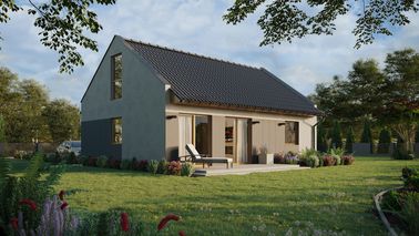 ERDOL 1 XL - Version Rechts (Wohnzimmer auf der rechten Seite) - Modernes Satteldach mit ausgebautem Dachboden -Dachneigung  35 Grad - Treppe in Treppenhaus - keine Dachfenster - Bodentiefes Fenster im Dachgeschoss - Styropor, Netz, Kleber - Winchester - Ohne