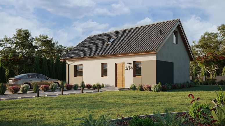 ERDOL 1 XL - Version Links (Wohnzimmer auf der linken Seite) - Satteldach mit ausgebautem Dachboden -Dachneigung  35 Grad - Treppe im Wohnzimmer - Dachfenster für Zimmer und Badezimmer - Standard - Styropor, Netz, Kleber - Goldene Eiche - Ohne