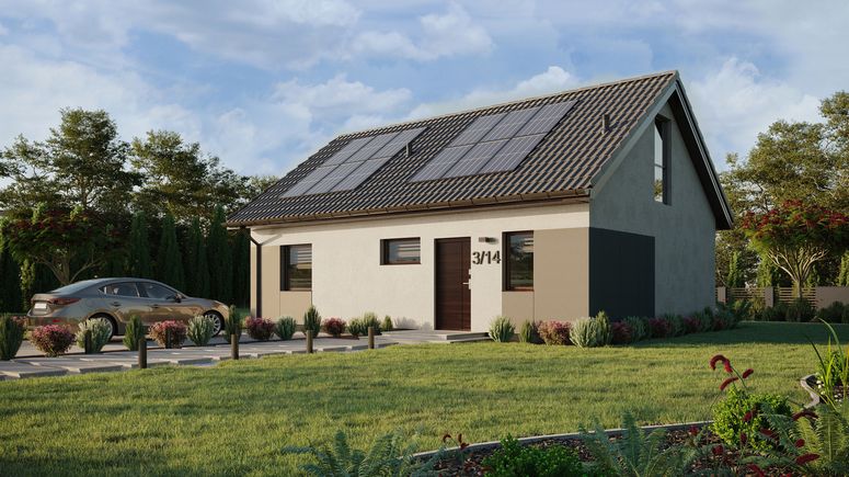 ERDOL 1 XL - Version Links (Wohnzimmer auf der linken Seite) - Satteldach mit ausgebautem Dachboden -Dachneigung  35 Grad - Treppe in Treppenhaus - keine Dachfenster - Balkontür im Esszimmer und Bodentiefes Fenster im Dachgeschoss - Styropor, Netz, Kleber - Nusbaum - Photovoltaik-Installation 4,8 kWp (12 Paneele)