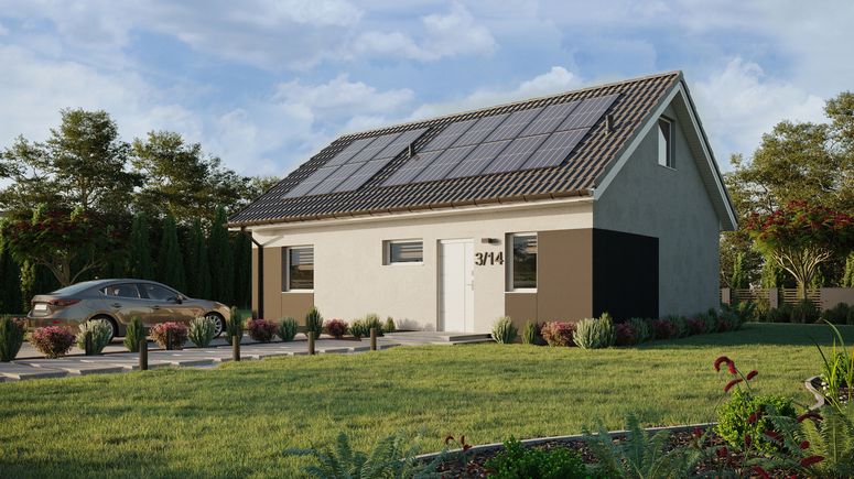 ERDOL 1 XL - Version Links (Wohnzimmer auf der linken Seite) - Satteldach mit ausgebautem Dachboden -Dachneigung  35 Grad - Treppe in Treppenhaus - Zwei-Zimmer-Dachfenster - Standard - Styropor, Netz, Kleber - Weiß - Photovoltaik-Installation 6,4 kWp (16 Paneele)