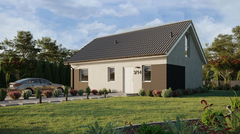 ERDOL 1 XL - Version Links (Wohnzimmer auf der linken Seite) - Satteldach mit ausgebautem Dachboden -Dachneigung  35 Grad - Treppe im Wohnzimmer - keine Dachfenster - Bodentiefes Fenster im Dachgeschoss - Styropor, Netz, Kleber - Weiß - Ohne