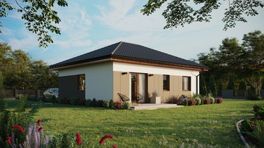 ERDOL 2 - Version Rechts (Wohnzimmer auf der rechten Seite) - Walmdach ohne ausgebautem Dachboden - Dachneigung 25 Grad - keine Dachfenster - Standard - Styropor, Netz, Kleber - Goldene Eiche