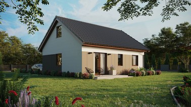 ERDOL 2 - Version Rechts (Wohnzimmer auf der rechten Seite) - Satteldach mit ausgebautem Dachboden -Dachneigung  35 Grad - keine Dachfenster - Standard - Styropor, Netz, Kleber - Nusbaum - Ohne