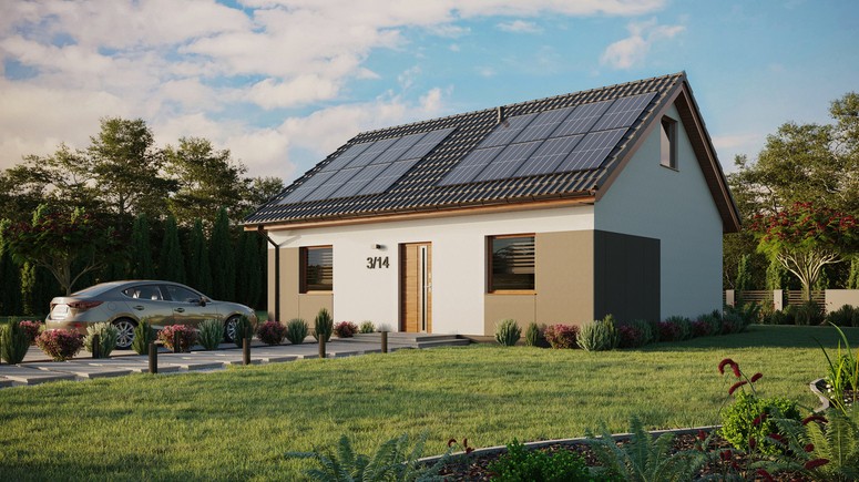 ERDOL 2 - Version Links (Wohnzimmer auf der linken Seite) - Satteldach mit ausgebautem Dachboden -Dachneigung  35 Grad - keine Dachfenster - Standard - Styropor, Netz, Kleber - Goldene Eiche - Photovoltaik-Installation 6,4 kWp (16 Paneele)
