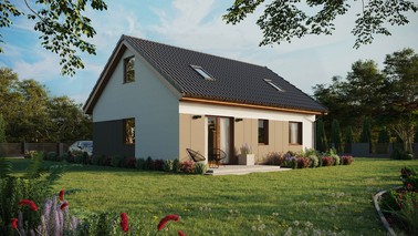 ERDOL 2 - Version Rechts (Wohnzimmer auf der rechten Seite) - Satteldach mit ausgebautem Dachboden -Dachneigung  35 Grad - Zwei-Zimmer-Dachfenster - Standard - Styropor, Netz, Kleber - Goldene Eiche - Ohne