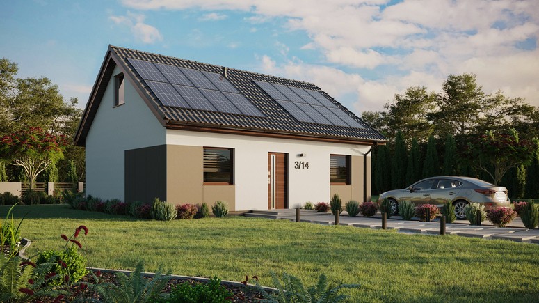 ERDOL 2 - Version Rechts (Wohnzimmer auf der rechten Seite) - Satteldach mit ausgebautem Dachboden -Dachneigung  35 Grad - Zwei-Zimmer-Dachfenster - Standard - Styropor, Netz, Kleber - Nusbaum - Photovoltaik-Installation 6,4 kWp (16 Paneele)