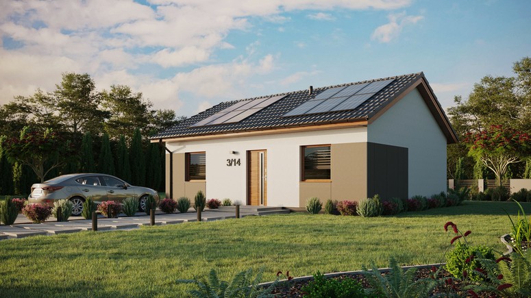 ERDOL 2 - Version Links (Wohnzimmer auf der linken Seite) - Satteldach ohne ausgebautem Dachboden -Dachneigung  25 Grad - keine Dachfenster - Standard - Styropor, Netz, Kleber - Goldene Eiche - Photovoltaik-Installation 4,8 kWp (12 Paneele)