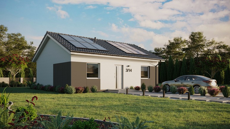 ERDOL 2 - Version Rechts (Wohnzimmer auf der rechten Seite) - Satteldach ohne ausgebautem Dachboden -Dachneigung  25 Grad - keine Dachfenster - Standard - Styropor, Netz, Kleber - Weiß - Photovoltaik-Installation 4,8 kWp (12 Paneele)