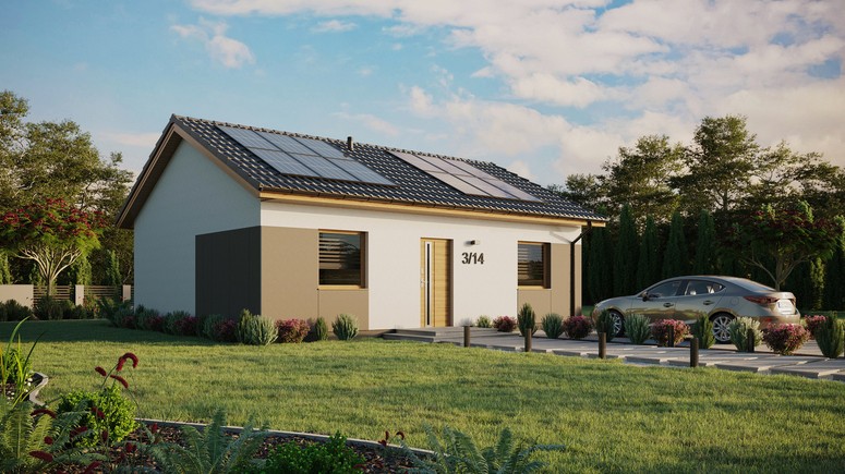 ERDOL 2 - Version Rechts (Wohnzimmer auf der rechten Seite) - Satteldach ohne ausgebautem Dachboden -Dachneigung  25 Grad - keine Dachfenster - Standard - Styropor, Netz, Kleber - Winchester - Photovoltaik-Installation 4,8 kWp (12 Paneele)