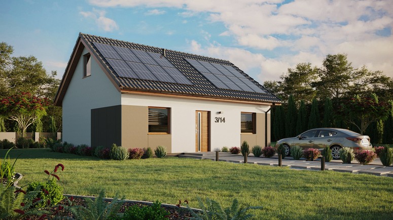 ERDOL 2 - Version Rechts (Wohnzimmer auf der rechten Seite) - Satteldach mit ausgebautem Dachboden -Dachneigung  35 Grad - Zwei-Zimmer-Dachfenster - Standard - Styropor, Netz, Kleber - Goldene Eiche - Photovoltaik-Installation 6,4 kWp (16 Paneele)