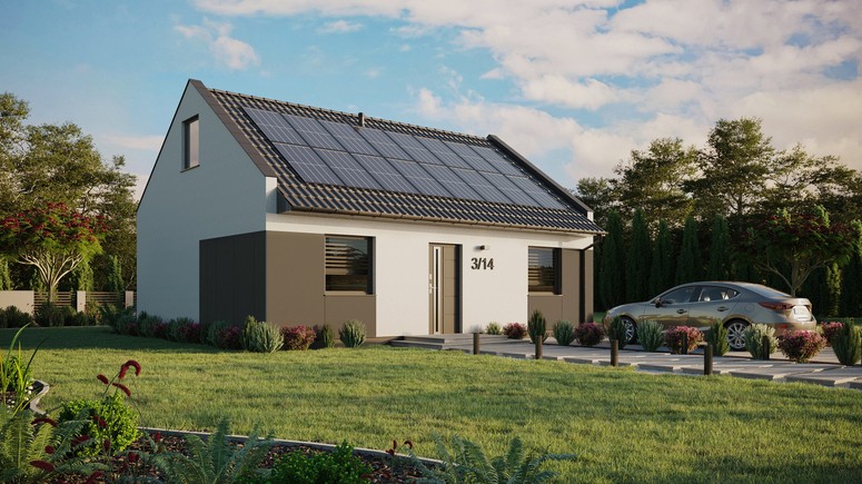ERDOL 2 - Version Rechts (Wohnzimmer auf der rechten Seite) - Modernes Satteldach mit ausgebautem Dachboden -Dachneigung  35 Grad - keine Dachfenster - Standard - Styropor, Netz, Kleber - Anthrazit - Photovoltaik-Installation 6,4 kWp (16 Paneele)
