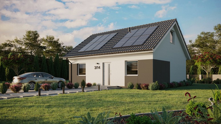 ERDOL 2 - Version Links (Wohnzimmer auf der linken Seite) - Satteldach mit ausgebautem Dachboden -Dachneigung  35 Grad - keine Dachfenster - Standard - Styropor, Netz, Kleber - Weiß - Photovoltaik-Installation 4,8 kWp (12 Paneele)