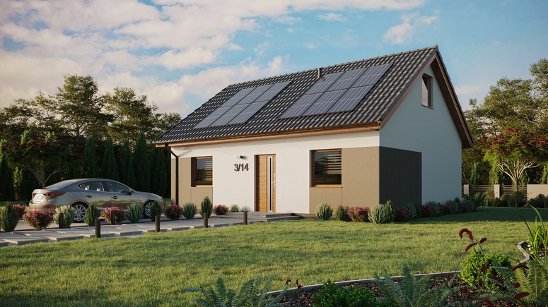 ERDOL 2 - Version Links (Wohnzimmer auf der linken Seite) - Satteldach mit ausgebautem Dachboden -Dachneigung  35 Grad - keine Dachfenster - Standard - Styropor, Netz, Kleber - Goldene Eiche - Photovoltaik-Installation 4,8 kWp (12 Paneele)