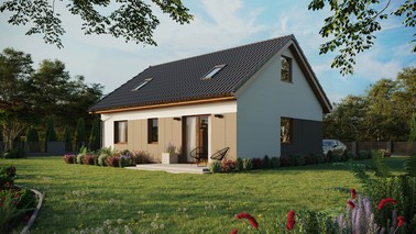 ERDOL 2 - Version Links (Wohnzimmer auf der linken Seite) - Satteldach mit ausgebautem Dachboden -Dachneigung  35 Grad - Zwei-Zimmer-Dachfenster - Standard - Styropor, Netz, Kleber - Goldene Eiche - Ohne